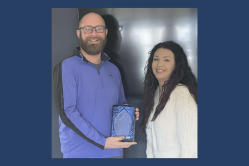 Downeast Credit Union Lending Expert, Jason Theriault, is presented with the Top Protector in the nation award from CU Certified Relationship Manager & Training Specialist, Tiffany Gagne.